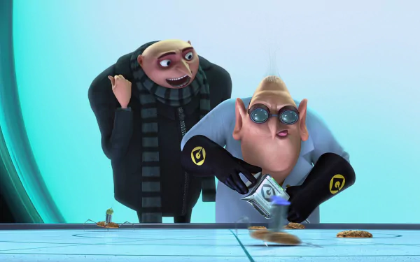 HD desktop wallpaper featuring Dr. Nefario and Gru from the movie Despicable Me in a vibrant animated scene.