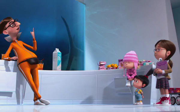 HD desktop wallpaper featuring Vector and the three girls—Margo, Edith, and Agnes—from the movie Despicable Me in a playful indoor scene.