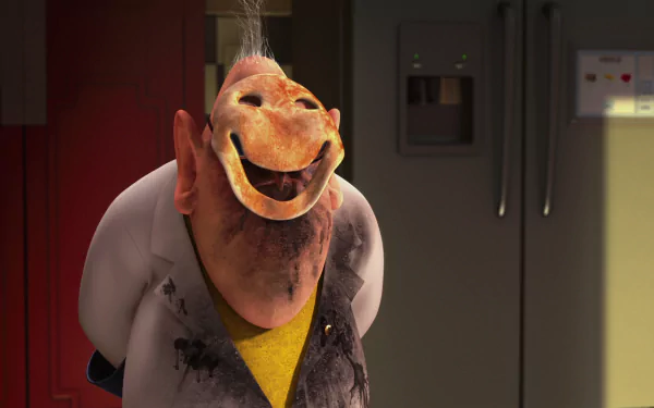 HD PC desktop wallpaper featuring Dr. Nefario from the movie Despicable Me, showcasing his mischievous smile in a dimly lit kitchen setting.