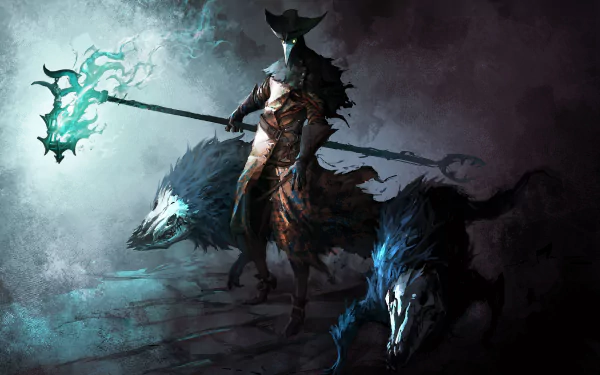 4K Ultra HD PC wallpaper featuring a dark, armored character from Castlevania: Lords of Shadow, wielding a glowing staff and accompanied by two large wolves.