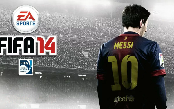 A dramatic HD wallpaper featuring Lionel Messi in FIFA 14, showcasing his iconic jersey in a packed stadium, with EA Sports branding prominently displayed.