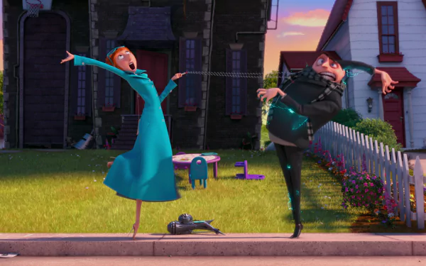 HD PC desktop wallpaper featuring Lucy and Gru from the movie Despicable Me 2 striking playful poses outside a suburban house at sunset.