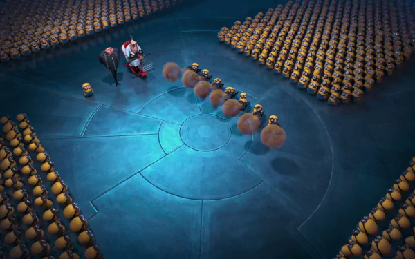 HD desktop wallpaper from Despicable Me 2 featuring Gru and Dr. Nefario standing with minions in a large circular arena.