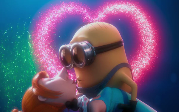 HD PC desktop wallpaper from Despicable Me 2 featuring Lucy and a Minion sharing a tender moment with a glowing heart in the background.