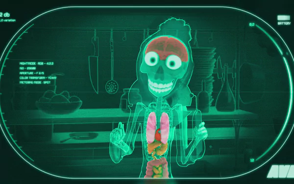 HD PC desktop wallpaper from Despicable Me 2 featuring an X-ray view of Lucy’s animated character revealing her internal organs in a stylized medical scan design.