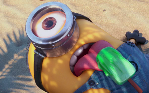 A colorful HD wallpaper from the movie Despicable Me 2, featuring a playful Minion with a whimsical expression, engaged in fun on a sandy beach.