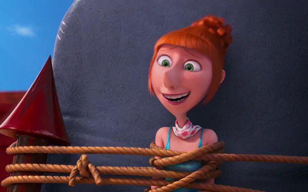 HD desktop wallpaper featuring Lucy from the movie Despicable Me 2, showing her smiling with red hair against a bright blue sky background.