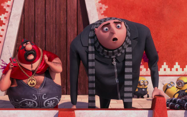 HD PC desktop wallpaper featuring Eduardo / El Macho and Gru from Despicable Me 2, with Minions in the background, showcasing characters from the Despicable Me movie.