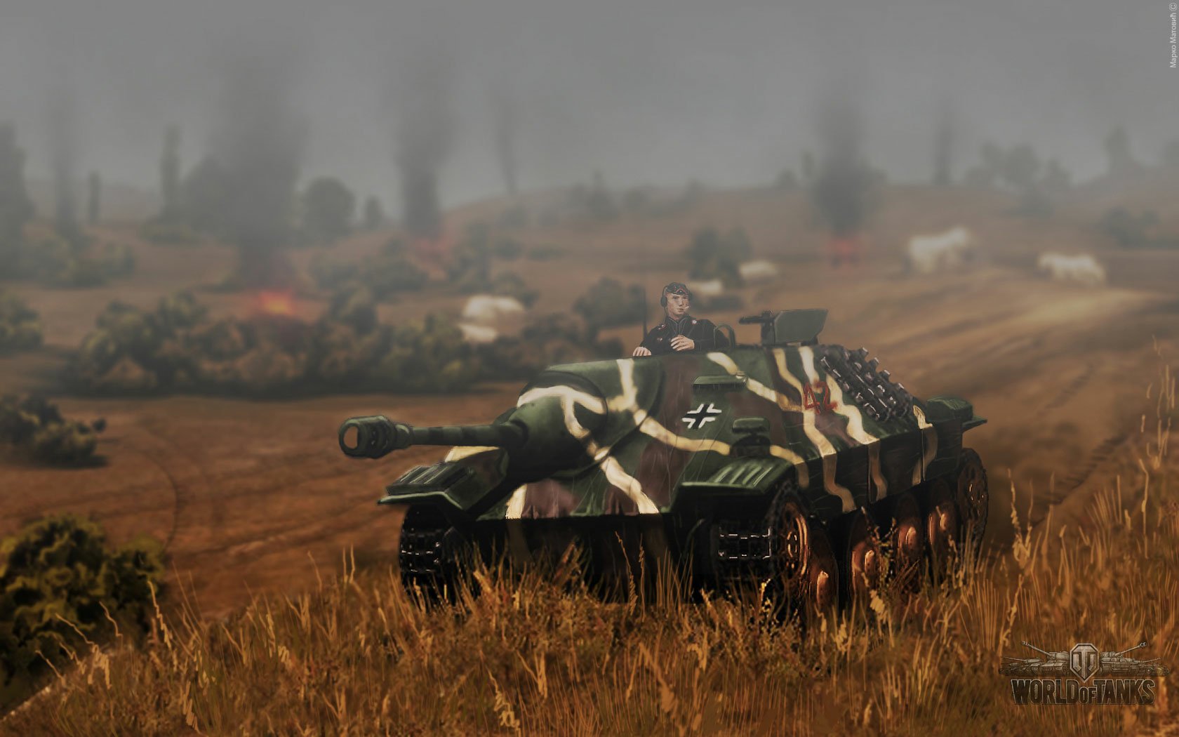 HD PC desktop wallpaper featuring a World of Tanks video game scene with a camouflaged tank in a foggy battlefield landscape.
