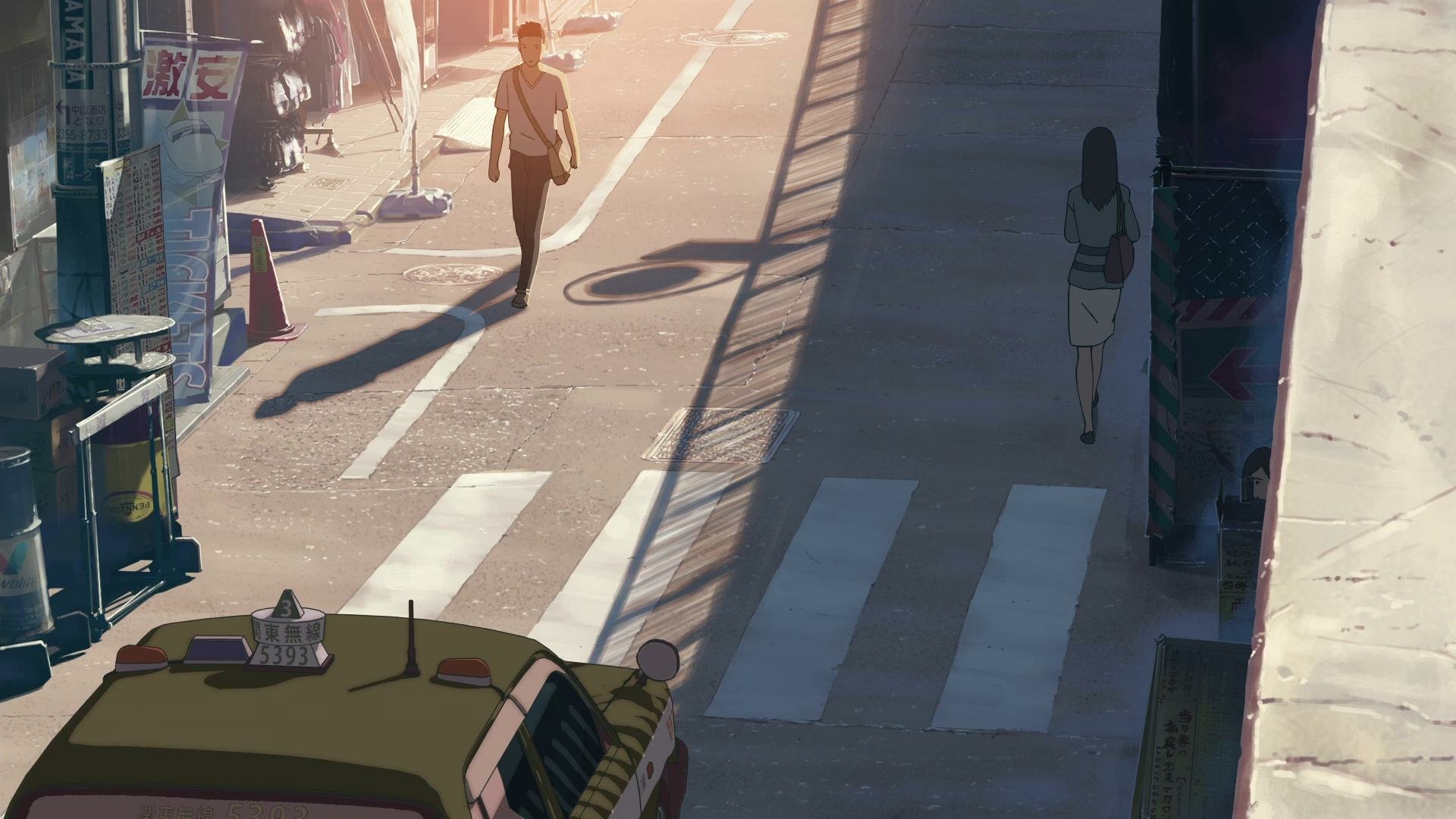 HD desktop wallpaper from The Garden of Words, featuring two characters standing at a distance on a sunlit city street.