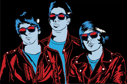 HD desktop wallpaper featuring a stylized illustration of three figures with red jackets and sunglasses against a dark background, tagged with Kavinsky.