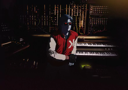 HD desktop wallpaper featuring the illustrated character Kavinsky in a red jacket, with sunglasses, standing in front of a synthesizer setup.
