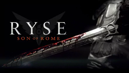 HD desktop wallpaper from the video game Ryse: Son of Rome, featuring a close-up of a blood-stained sword held by an armored Roman soldier.