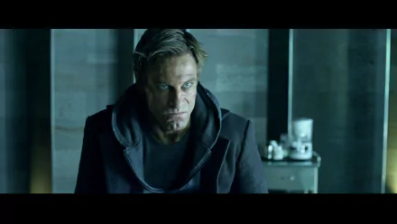 HD PC desktop wallpaper: moody still from the movie I, Frankenstein — a gaunt, scarred man in a dark coat stands in a dim, industrial room.