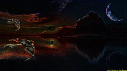 HD sci-fi desktop wallpaper featuring an abstract space scene with a starship flying near a planet and moon above a reflective, dark landscape.