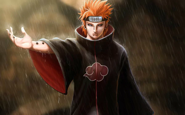 HD desktop wallpaper of Pain from Naruto, featuring the character in Akatsuki cloak with the Rinnegan, set against a rainy backdrop.