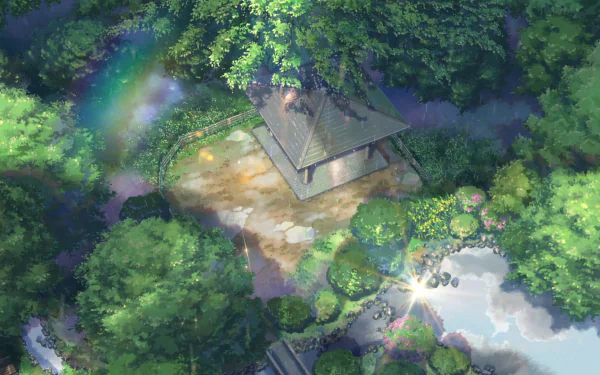 HD wallpaper of a serene scene from The Garden of Words, featuring a gazebo surrounded by lush greenery and sunlight filtering through the foliage.