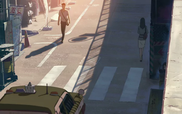 HD desktop wallpaper from The Garden of Words, featuring two characters standing at a distance on a sunlit city street.