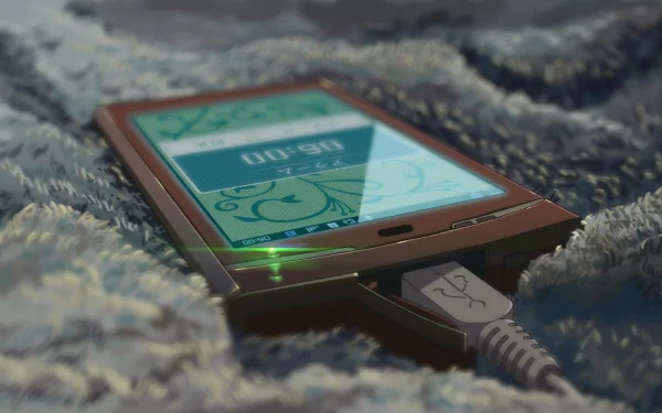 HD wallpaper from The Garden of Words featuring a close-up of a smartphone lying on a textured surface.