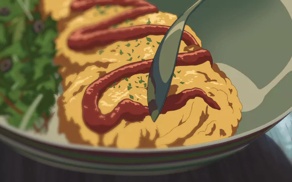 HD wallpaper from The Garden of Words featuring a detailed illustration of a savory omelet dish with a fork.