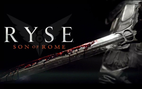 HD desktop wallpaper from the video game Ryse: Son of Rome, featuring a close-up of a blood-stained sword held by an armored Roman soldier.