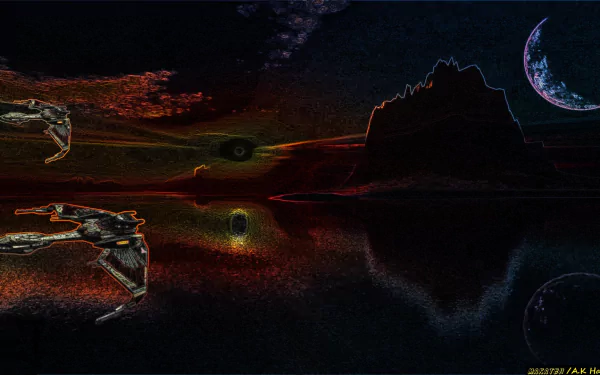 HD sci-fi desktop wallpaper featuring an abstract space scene with a starship flying near a planet and moon above a reflective, dark landscape.