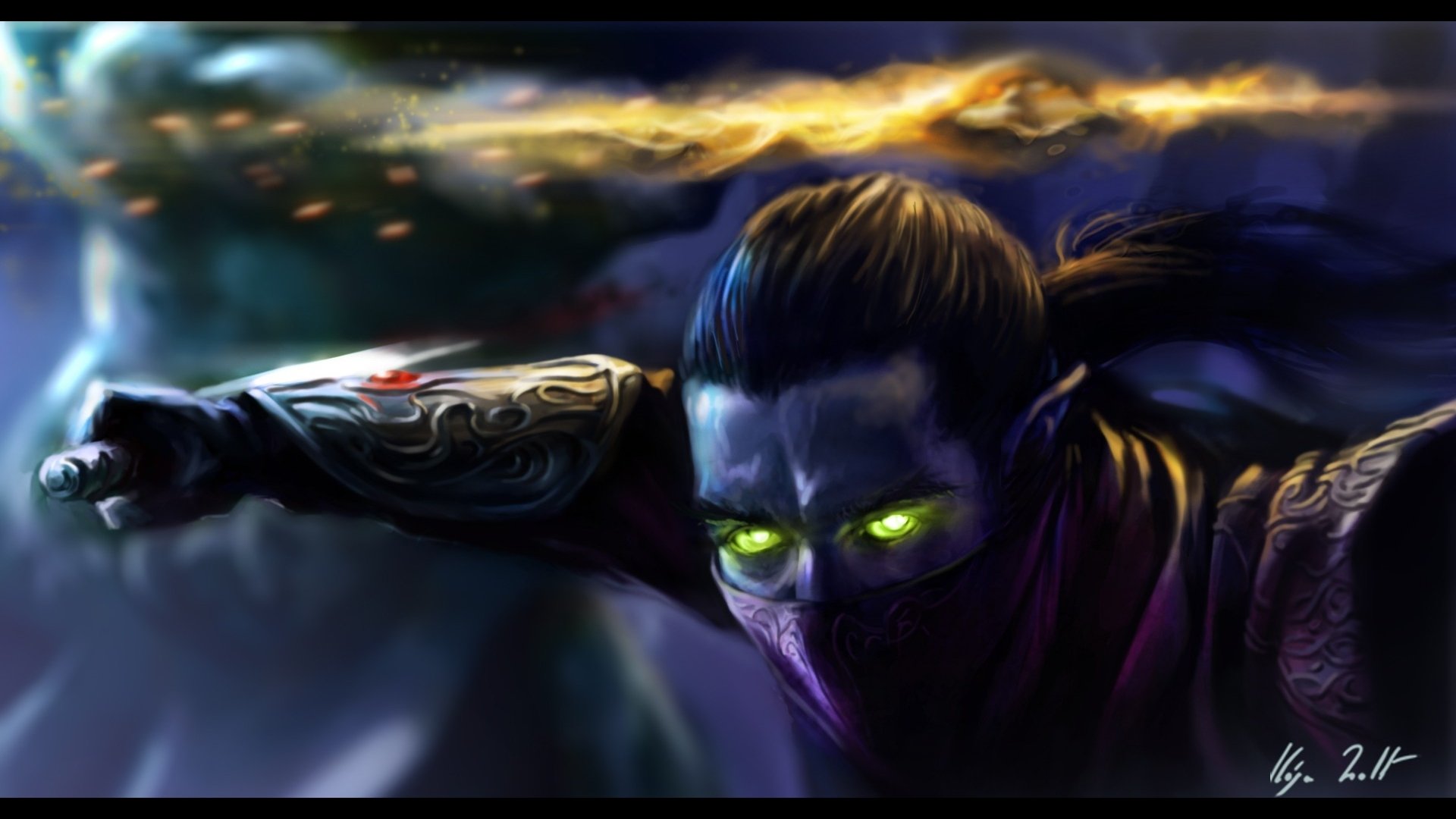 HD PC desktop wallpaper and background of a fantasy warrior: masked, dark-armored fighter with glowing green eyes lunging through stormy, magical skies.