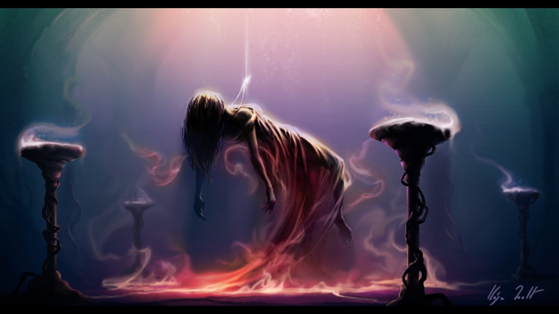 HD PC desktop wallpaper and background: fantasy woman in a flowing gown levitates over a glowing pool of mist between dark, ornate pillars, bathed in soft, otherworldly light.