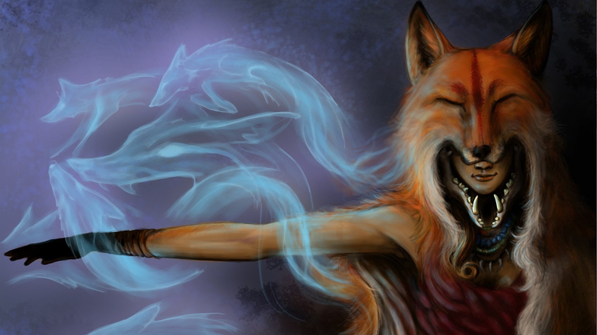 Fantasy woman wearing a fox mask extends an arm as blue spirit wisps swirl — 2K Quad HD PC desktop wallpaper/background.