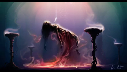 HD PC desktop wallpaper and background: fantasy woman in a flowing gown levitates over a glowing pool of mist between dark, ornate pillars, bathed in soft, otherworldly light.