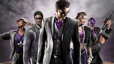 Dynamic HD wallpaper featuring characters from the video game Saints Row: The Third, showcasing a vibrant mix of stylish outfits and action-packed personas against a dramatic backdrop.