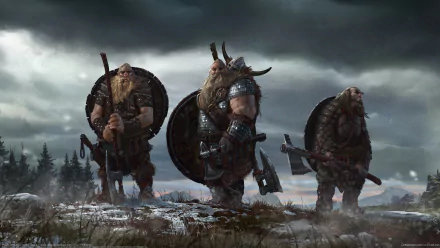 A dramatic fantasy scene featuring three Viking warriors in armor, wielding shields and weapons, set against a moody, overcast sky. This HD wallpaper captures the essence of adventure.