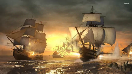 A vivid HD PC desktop wallpaper from Assassin's Creed III, showcasing ships battling on the ocean under a dramatic sunset sky.