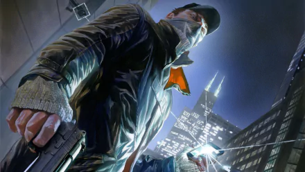 Aiden Pearce from the video game Watch Dogs, shown in a dramatic low-angle HD PC desktop wallpaper with a cityscape background at night.
