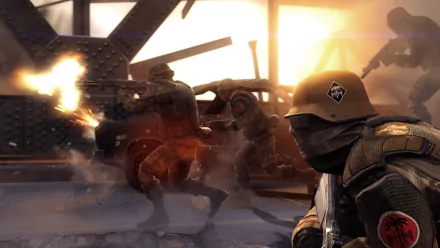 HD PC desktop wallpaper/background from the video game Wolfenstein: The New Order — masked soldiers with Nazi insignia firing across a bridge amid explosions at sunset.