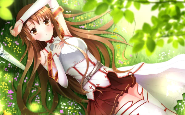 HD desktop wallpaper of Asuna Yuuki from Sword Art Online, depicted in a lush green setting with soft lighting.