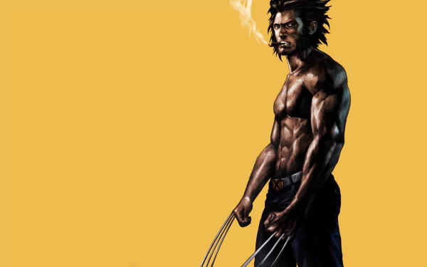 A striking HD desktop wallpaper featuring Wolverine, showcasing the iconic character with his claws out, set against a vibrant yellow background.