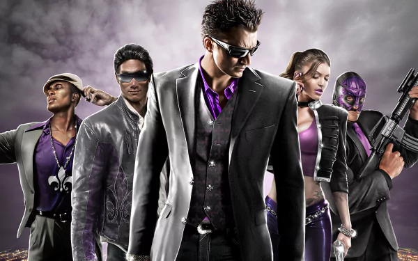Dynamic HD wallpaper featuring characters from the video game Saints Row: The Third, showcasing a vibrant mix of stylish outfits and action-packed personas against a dramatic backdrop.