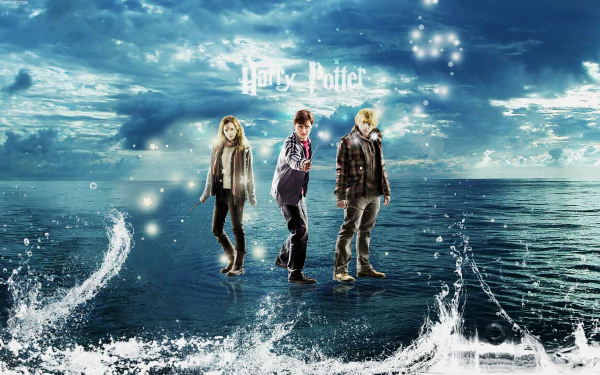 HD desktop wallpaper featuring Hermione Granger, Harry Potter, and Ron Weasley standing on water with splashing waves and a dramatic sky in the background.