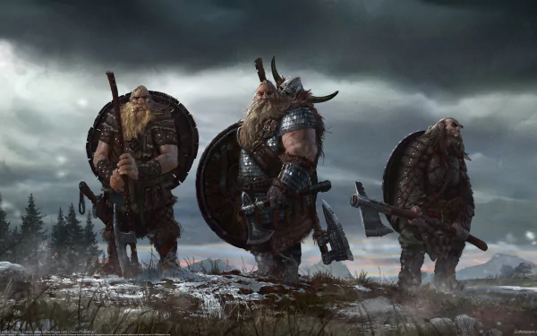 A dramatic fantasy scene featuring three Viking warriors in armor, wielding shields and weapons, set against a moody, overcast sky. This HD wallpaper captures the essence of adventure.