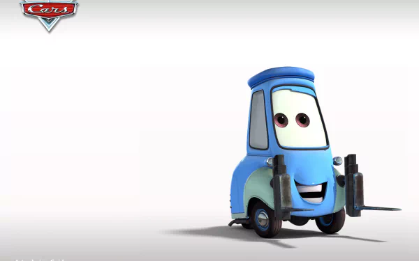 HD PC desktop wallpaper featuring Guido, the blue forklift character from the Pixar movie Cars, set against a clean white background.