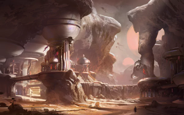 A stunning HD wallpaper featuring a vibrant landscape from Halo 5: Guardians, showcasing Master Chief's universe with dramatic rock formations and a distant horizon.