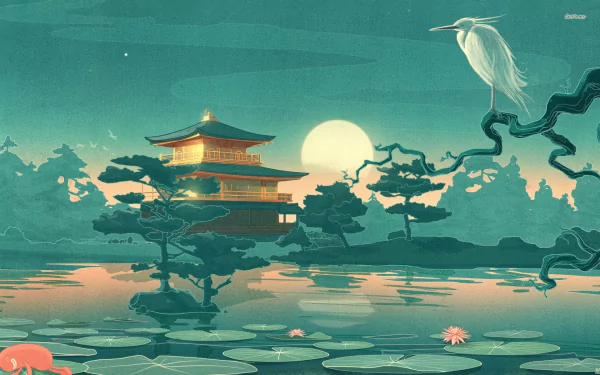 A serene teal landscape featuring a beautiful temple by a tranquil lake, with lotus flowers and a heron perched on a branch, creating a peaceful, religious atmosphere.