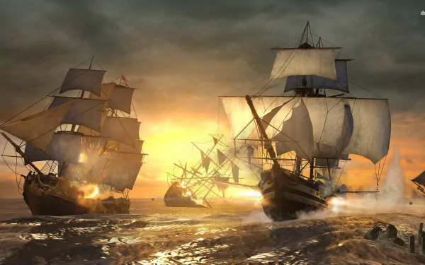 A vivid HD PC desktop wallpaper from Assassin's Creed III, showcasing ships battling on the ocean under a dramatic sunset sky.