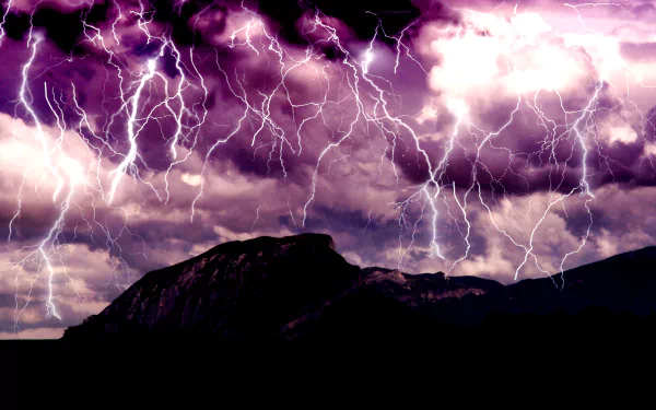 HD desktop wallpaper showcasing a dramatic nature scene with intense lightning bolts striking over a dark mountain silhouette during a violent storm.
