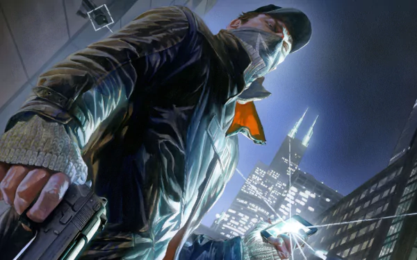 Aiden Pearce from the video game Watch Dogs, shown in a dramatic low-angle HD PC desktop wallpaper with a cityscape background at night.