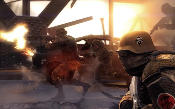 HD PC desktop wallpaper/background from the video game Wolfenstein: The New Order — masked soldiers with Nazi insignia firing across a bridge amid explosions at sunset.