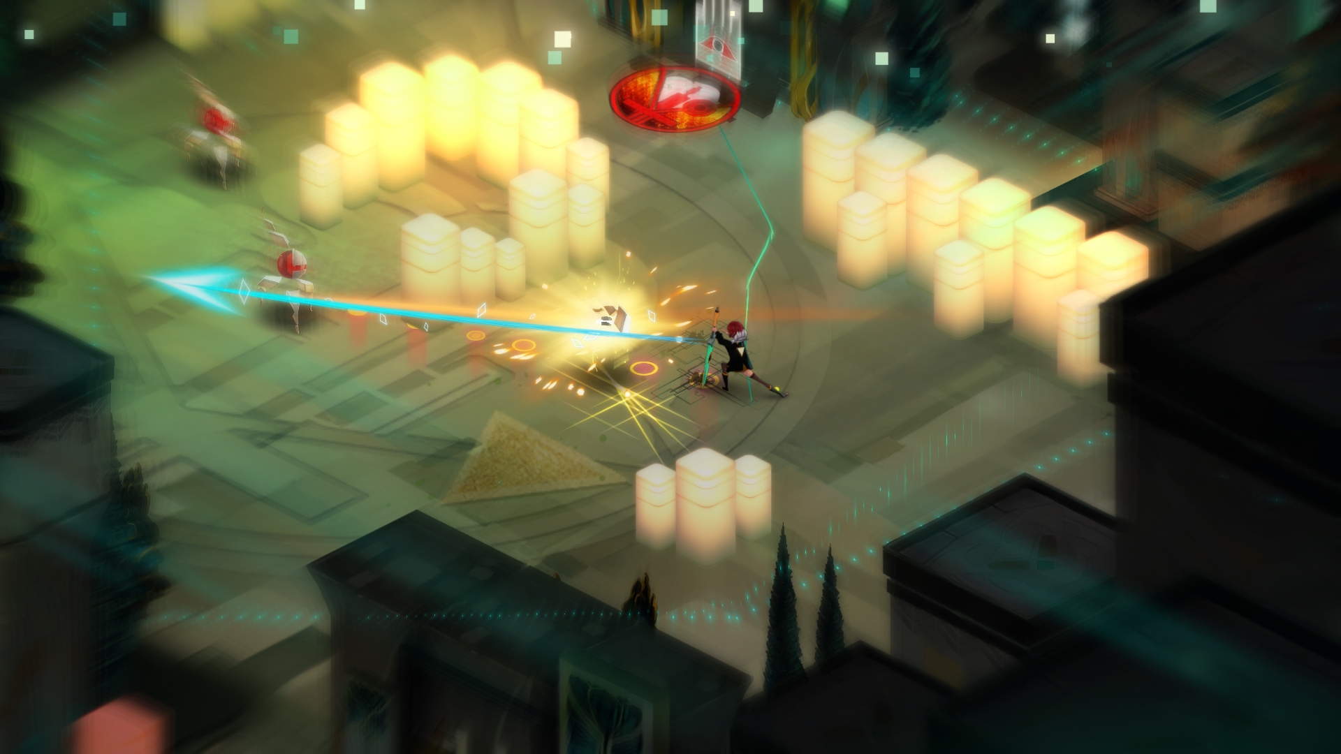 HD wallpaper of the video game Transistor, featuring a character in combat within a vibrant, stylized cityscape.