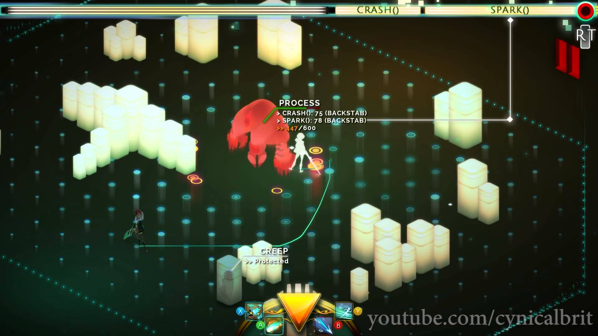 HD desktop wallpaper featuring a scene from the video game Transistor with gameplay elements displayed.