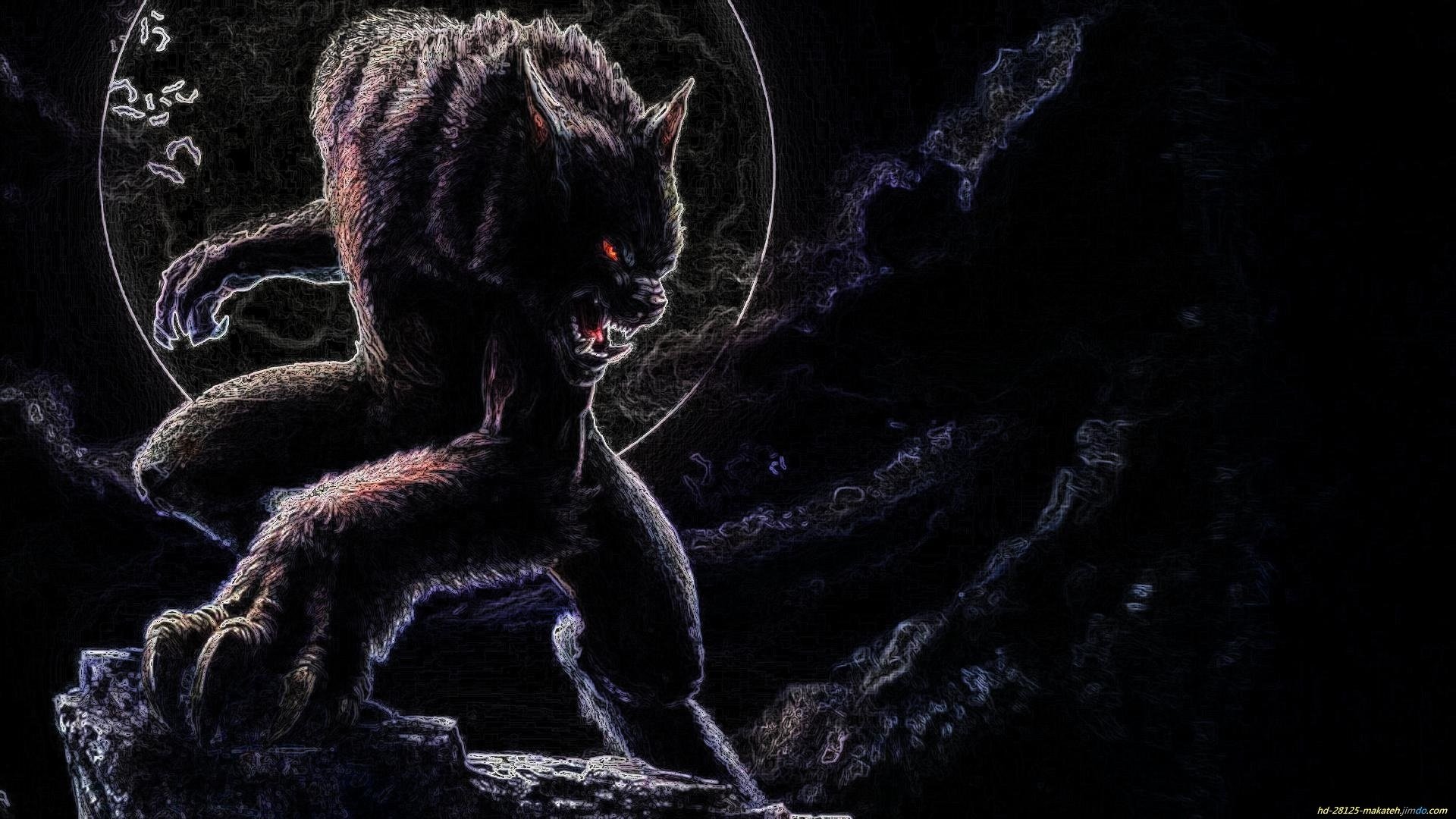 A dark fantasy landscape features a menacing werewolf, illuminated by a full moon, creating an intense and immersive atmosphere for a striking HD desktop wallpaper.
